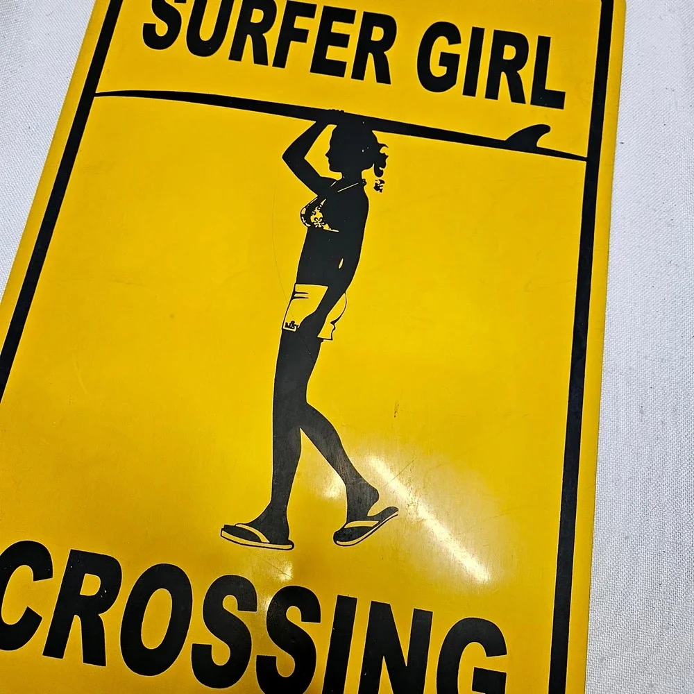 Seaweed Surf Co Surfer Girl Crossing Metal Sign 12x18 Yellow Beach Decor Novelty